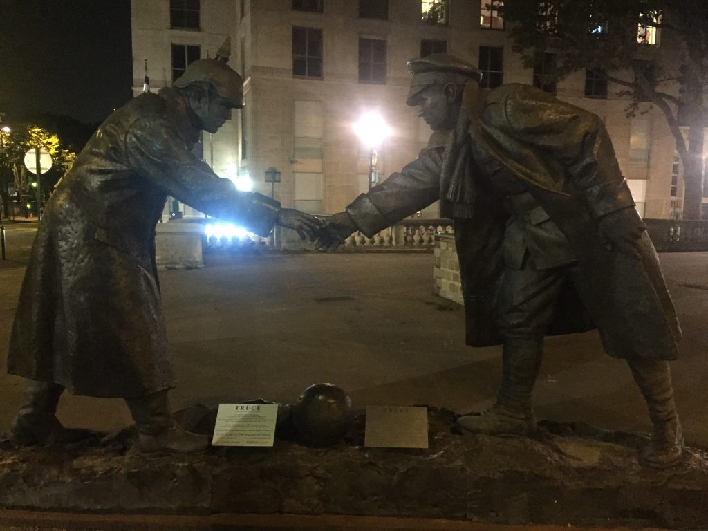 Replica of statue commemorating Christmas 1914 cease fire.